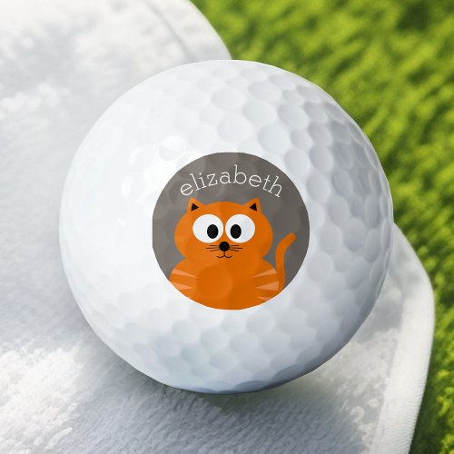 Cute Orange Fat Cat Orange Taupe and Name Golf Balls