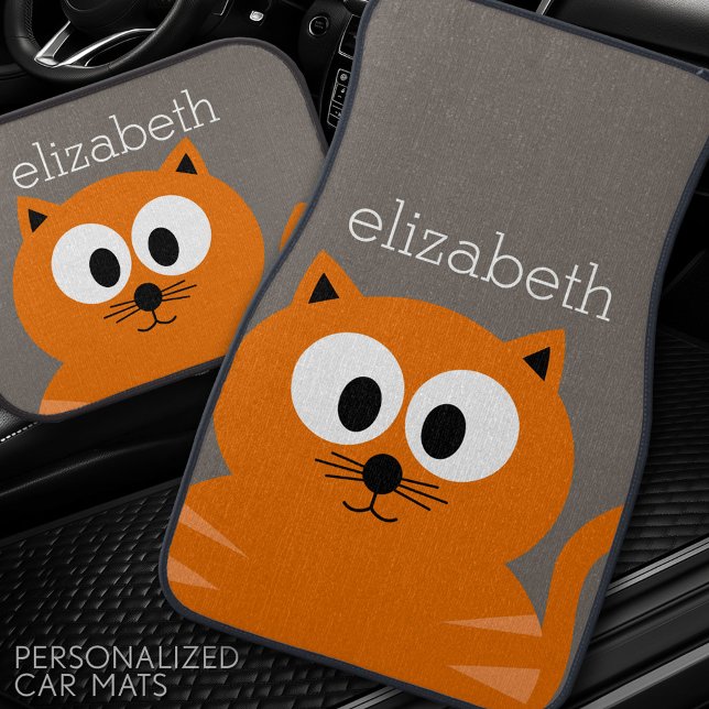 Cute Orange Fat Cat with Taupe Personalized Car Floor Mat (Custom Floor Mats)