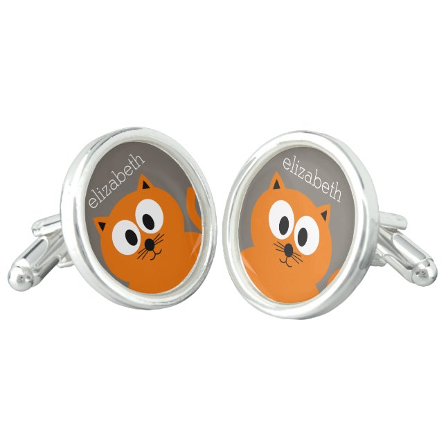 Cute Orange Fat Cat with Taupe Personalized Cufflinks (Angled)