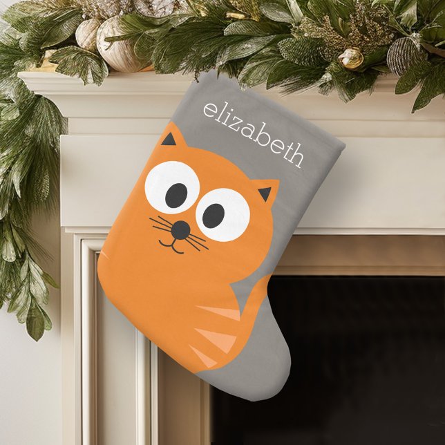 Cute Orange Fat Cat with Taupe Personalized Large Christmas Stocking (Personalized Christmas Stocking)
