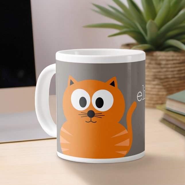 Cute Orange Fat Cat with Taupe Personalized Large Coffee Mug (Personalized mug)