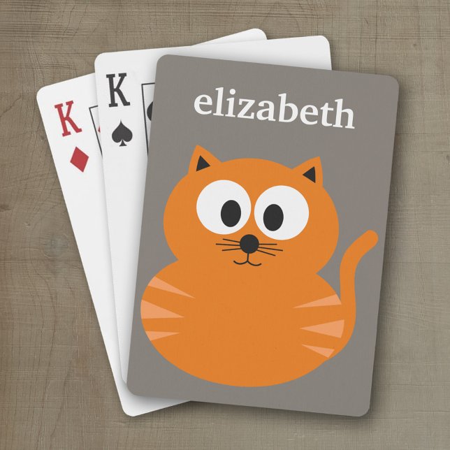 Cute Orange Fat Cat with Taupe Personalized Poker Cards (Personalized playing cards with custom text)