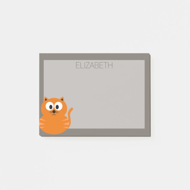 Cute Orange Fat Cat with Taupe Personalized Post-it Notes (Front)