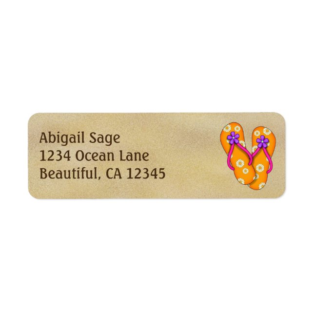Cute Orange Flip Flops on Sand Beach Address Label (Front)