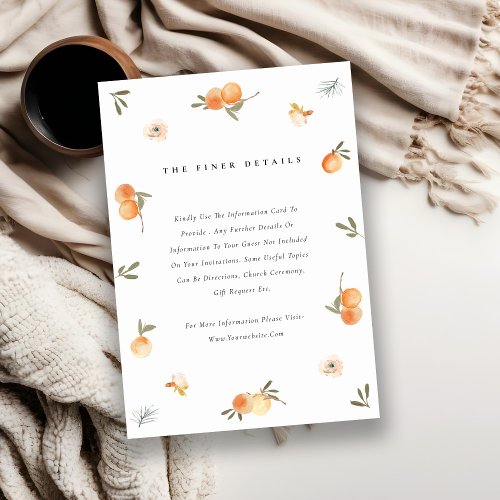 Cute Orange Floral Boho Botanical Wedding Detail Enclosure Card