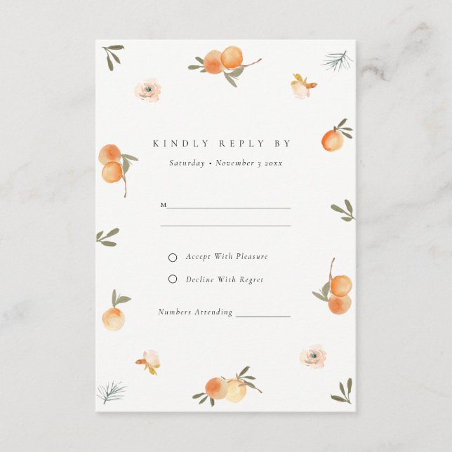 Cute Orange Floral Boho Botanical Wedding RSVP Enclosure Card (Front)