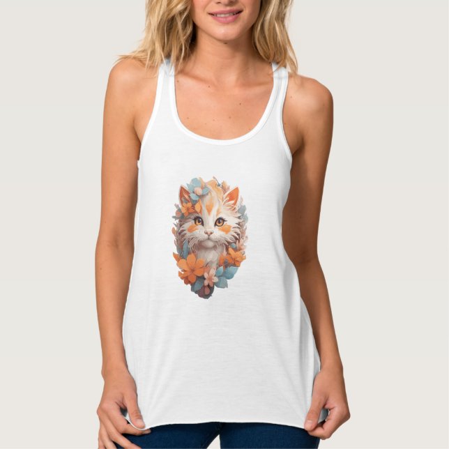 Cute Orange Floral Kitty Cat Tank Top (Front)