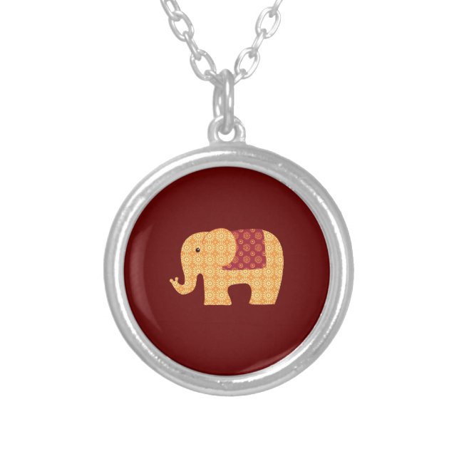 Cute Orange Flower Elephant on Red Silver Plated Necklace (Front)