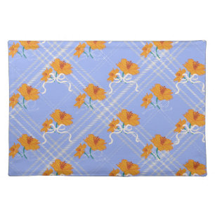 Cute Orange Flower Seamless on Plaid Blue Cloth Placemat