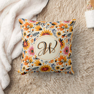 Cute Orange Flowers Mexican Folk Throw Pillow