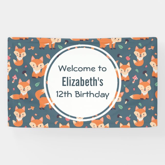Cute Orange Fox Animal Pattern Birthday Banner (Horizontal)