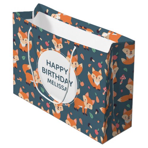 Cute Orange Fox Animal Pattern Birthday Large Gift Bag