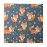 Cute Orange Fox Animal Pattern Ceramic Tile<br><div class="desc">A ceramic tile with a pattern made with cute and happy orange foxes. Dark green background. Little mushrooms and leaves sprinkled about.background in delicate and muted pastel colors.</div>