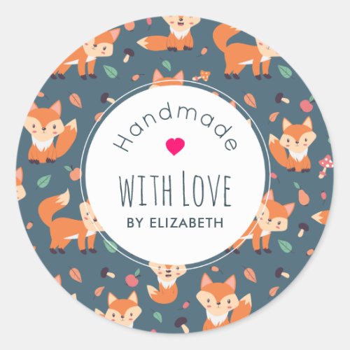 Cute Orange Fox Animal Pattern Handmade with Love Classic Round Sticker
