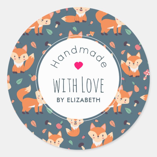 Cute Orange Fox Animal Pattern Handmade with Love Classic Round Sticker (Front)