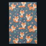 Cute Orange Fox Animal Pattern Kitchen Towel<br><div class="desc">A kitchen towel with a pattern made with cute and happy orange foxes. Dark green background. Little mushrooms and leaves sprinkled about.</div>