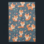 Cute Orange Fox Animal Pattern Kitchen Towel<br><div class="desc">A kitchen towel with a pattern made with cute and happy orange foxes. Dark green background. Little mushrooms and leaves sprinkled about.</div>