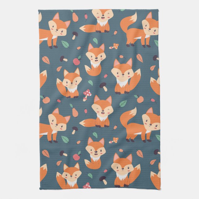 Cute Orange Fox Animal Pattern Kitchen Towel (Vertical)