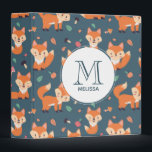 Cute Orange Fox Animal Pattern Monogram 3 Ring Binder<br><div class="desc">A binder with a pattern made with cute and happy orange foxes. Dark green background. Little mushrooms and leaves sprinkled about. A white circle layered over top with your name and monogram initial inside.</div>