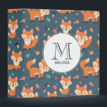 Cute Orange Fox Animal Pattern Monogram 3 Ring Binder<br><div class="desc">A binder with a pattern made with cute and happy orange foxes. Dark green background. Little mushrooms and leaves sprinkled about. A white circle layered over top with your name and monogram initial inside.</div>