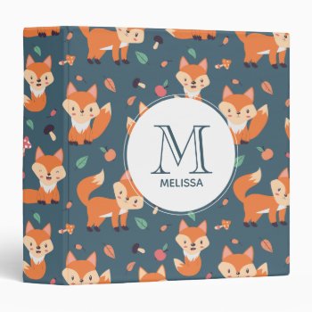 Cute Orange Fox Animal Pattern Monogram 3 Ring Binder by Mirribug at Zazzle