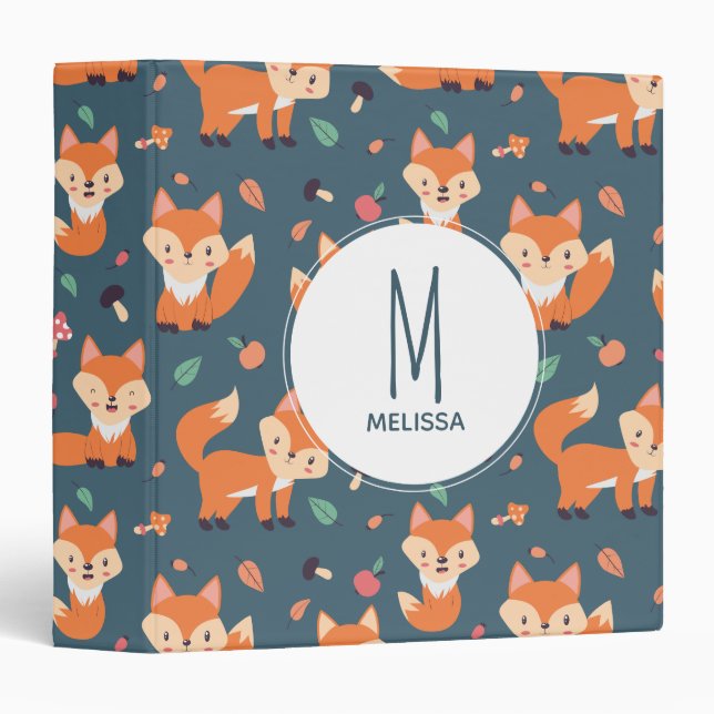 Cute Orange Fox Animal Pattern Monogram 3 Ring Binder (Front/Spine)