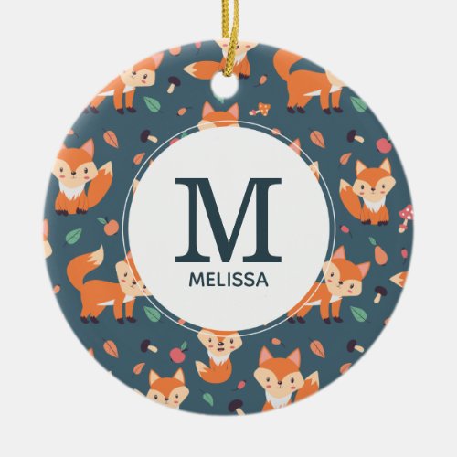 Cute Orange Fox Animal Pattern Monogram Ceramic Ornament