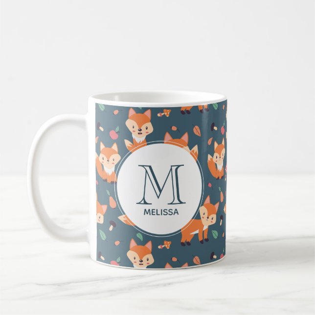 Cute Orange Fox Animal Pattern Monogram Coffee Mug (Left)