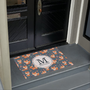 Cute Orange Fox Animal Pattern Monogram Doormat