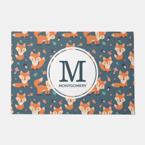 Cute Orange Fox Animal Pattern Monogram Doormat