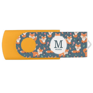 Cute Orange Fox Animal Pattern Monogram Flash Drive