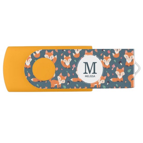 Cute Orange Fox Animal Pattern Monogram Flash Drive