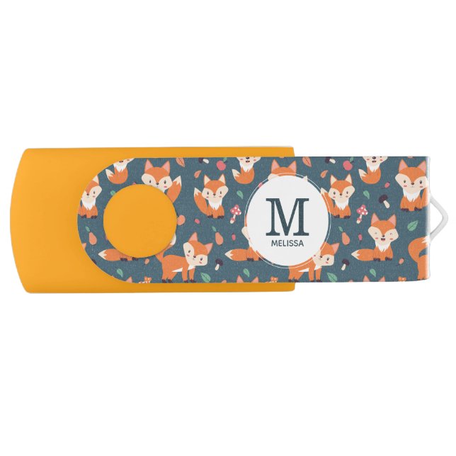 Cute Orange Fox Animal Pattern Monogram Flash Drive (Front)