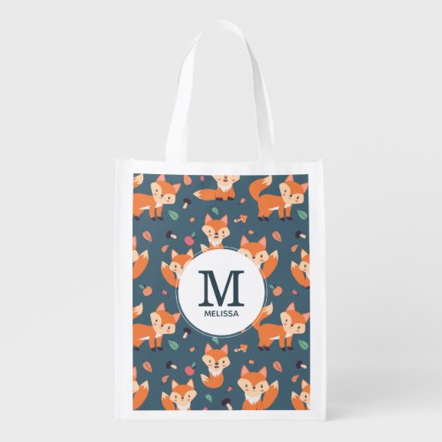 Cute Orange Fox Animal Pattern Monogram Grocery Bag