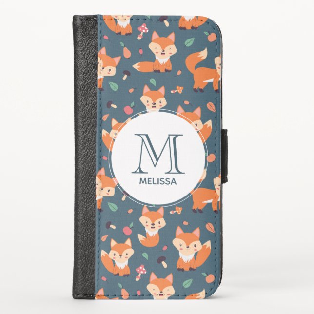 Cute Orange Fox Animal Pattern Monogram iPhone Wallet Case (Front)