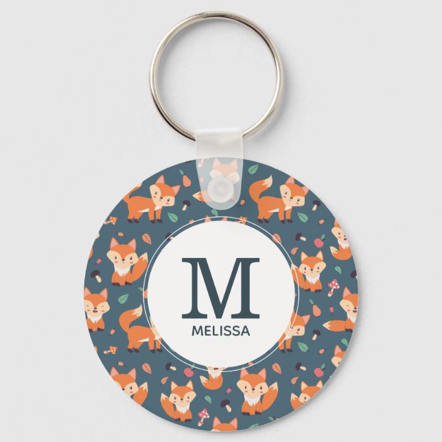 Cute Orange Fox Animal Pattern Monogram Keychain (Front)