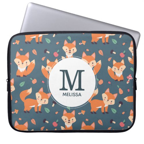 Cute Orange Fox Animal Pattern Monogram Laptop Sleeve