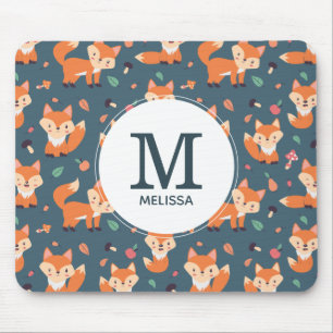 Cute Orange Fox Animal Pattern Monogram Mouse Pad