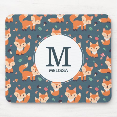 Cute Orange Fox Animal Pattern Monogram Mouse Pad