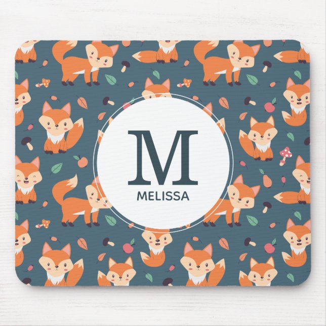 Cute Orange Fox Animal Pattern Monogram Mouse Pad (Front)
