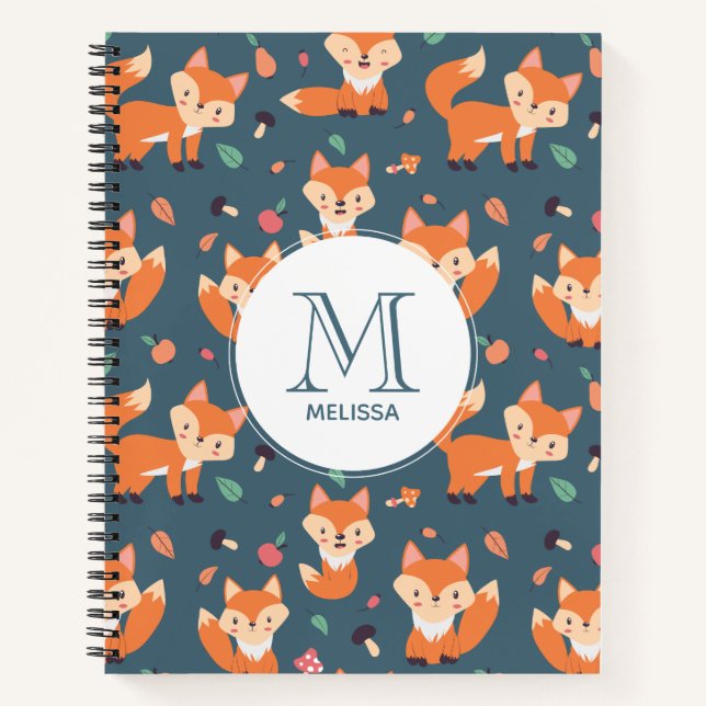Cute Orange Fox Animal Pattern Monogram Notebook (Front)