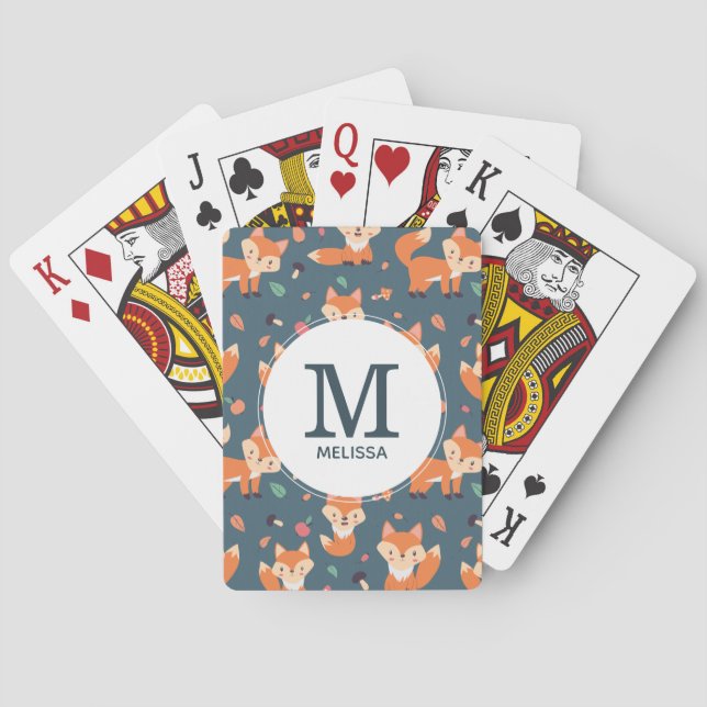 Cute Orange Fox Animal Pattern Monogram Poker Cards (Back)