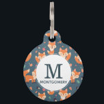 Cute Orange Fox Animal Pattern Pet ID Tag<br><div class="desc">Personalized dog tag with a pattern made with cute and happy orange foxes. Dark green background. Little mushrooms and leaves sprinkled about.
A white circle layered over top with a name and monogram initial inside.</div>