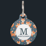 Cute Orange Fox Animal Pattern Pet ID Tag<br><div class="desc">Personalized dog tag with a pattern made with cute and happy orange foxes. Dark green background. Little mushrooms and leaves sprinkled about.
A white circle layered over top with a name and monogram initial inside.</div>