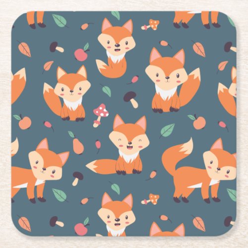Cute Orange Fox Animal Pattern Square Paper Coaster