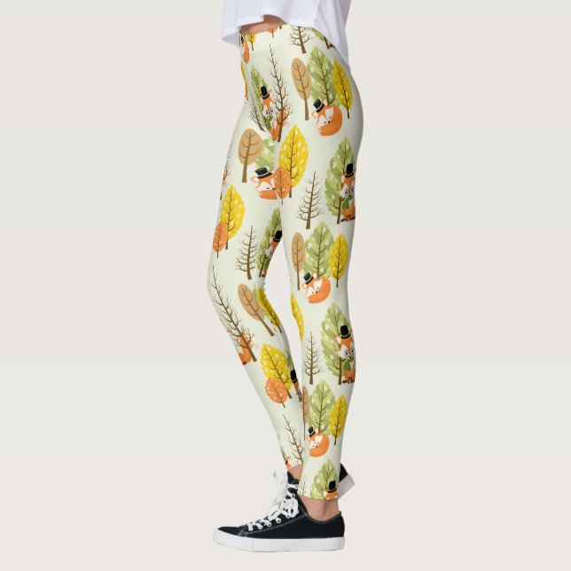 Cute Orange Fox Autumn Trees Forest Hipster Leggings (Left)