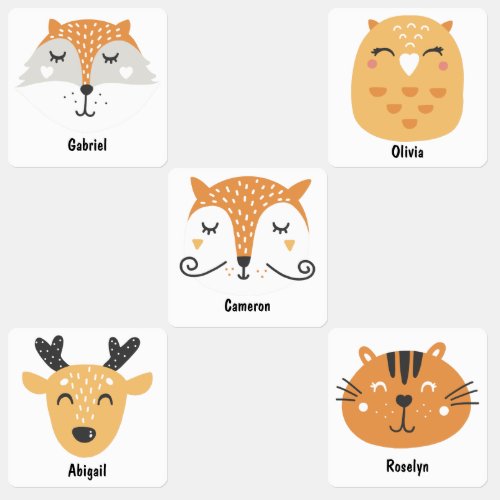 Cute orange fox bird tiger reindeer boys and girls kids labels