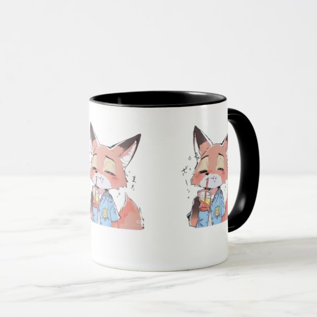 Cute Orange Fox Drinking Juice Mug – Fun Animal Lo (Front Right)