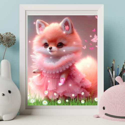 Cute orange fox in a pink dress in garden  Art  Poster