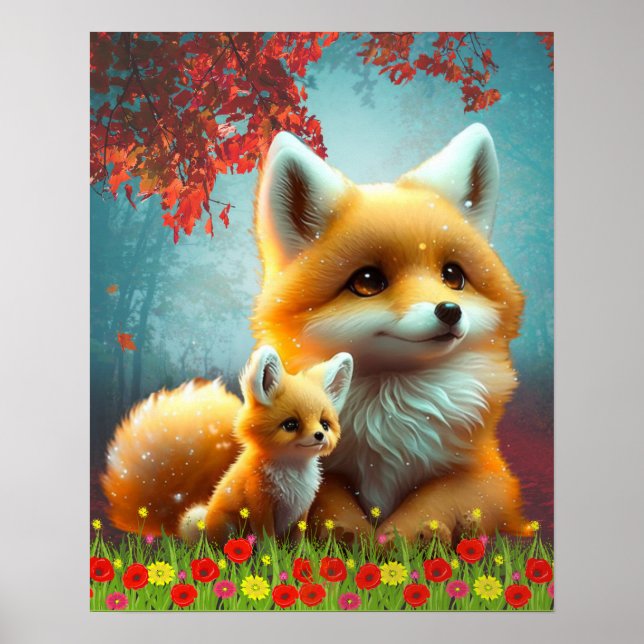 Cute Orange Fox Mom and Baby  Art Nursery Poster (Front)